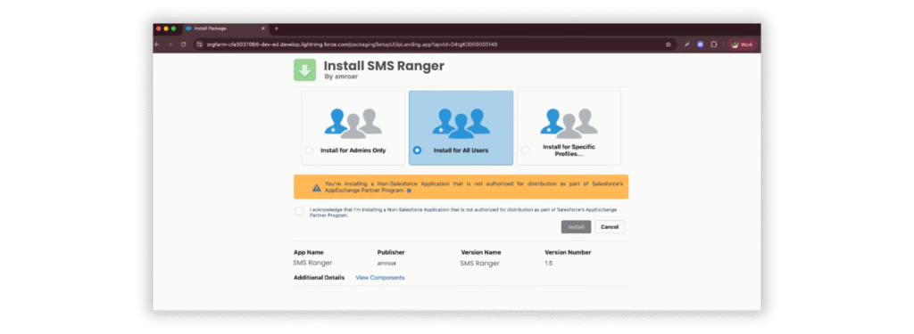 installation page of SMS Ranger